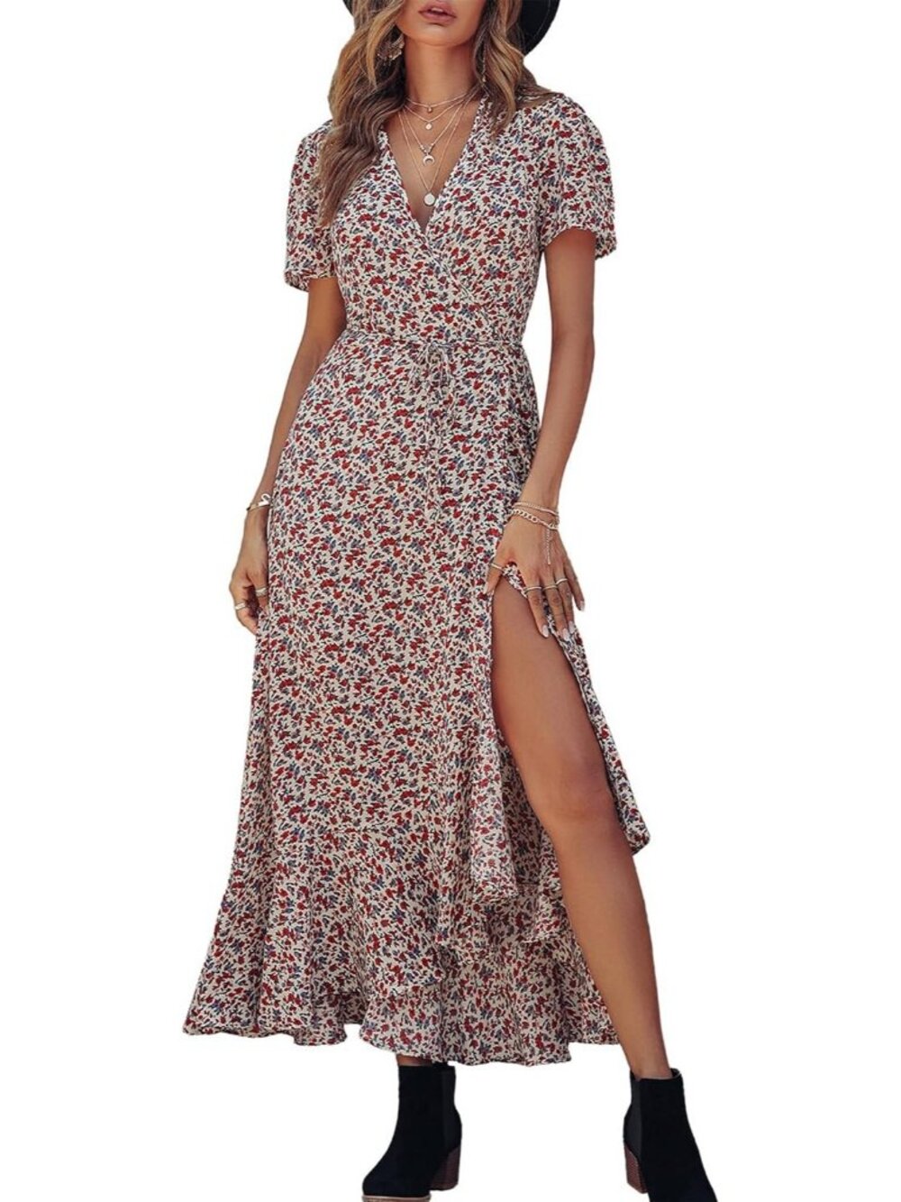 Women's White Red Floral V Neck Casual Short Sleeve Pull On Zipper Maxi Dresses